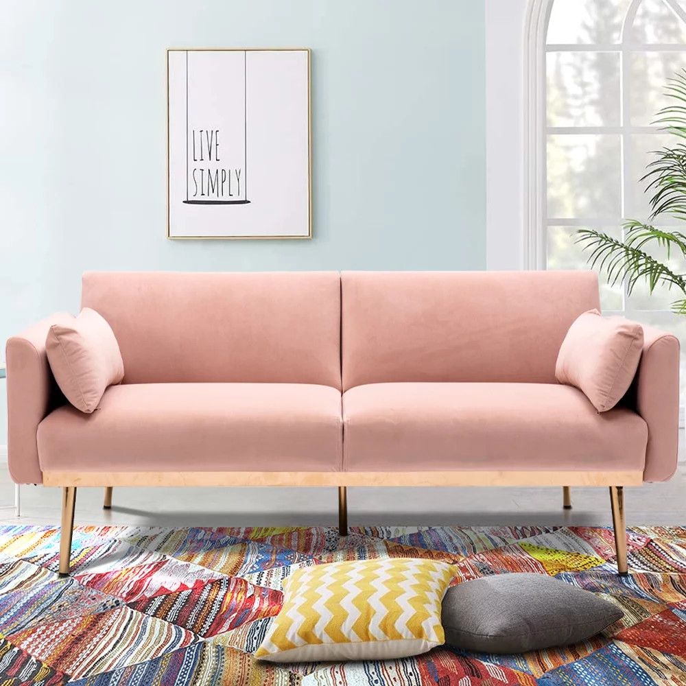 Light Pink Futon Couch, KAMIDA Convertible Sofa Bed with 2 Pillows, Velvet Sofa Bed Sleeper, Mode... | Walmart (US)