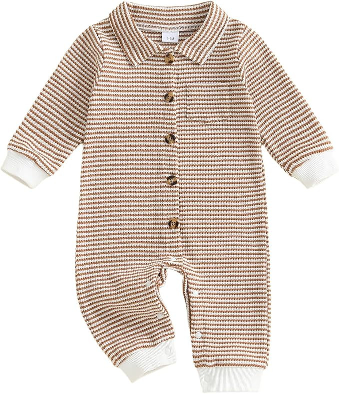 Newborn Baby Boy Clothes Stripe Collared Romper Waffle Knit Long Sleeve Button Up Jumpsuit Bodysu... | Amazon (US)