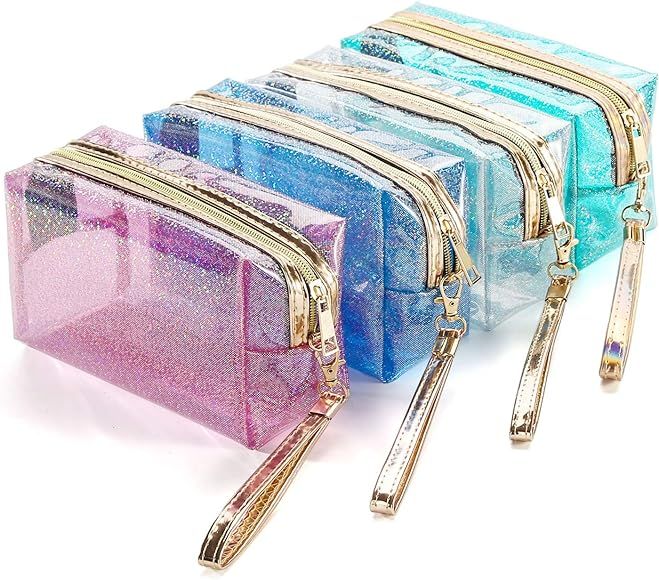 YANGROW 4Pcs Waterproof Cosmetic Bags PVC Transparent Zippered Toiletry Bag with Handle Strap Portable Clear Makeup Bag Pouch for Bathroom, Vacation and Organizing | Amazon (US)