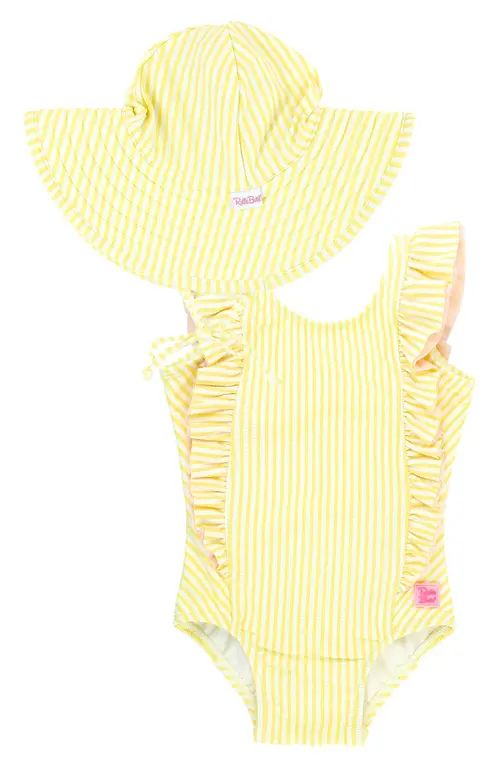 RuffleButts Banana Seersucker Waterfall Ruffle One-Piece Swimsuit & Hat Set in Yellow at Nordstrom,  | Nordstrom