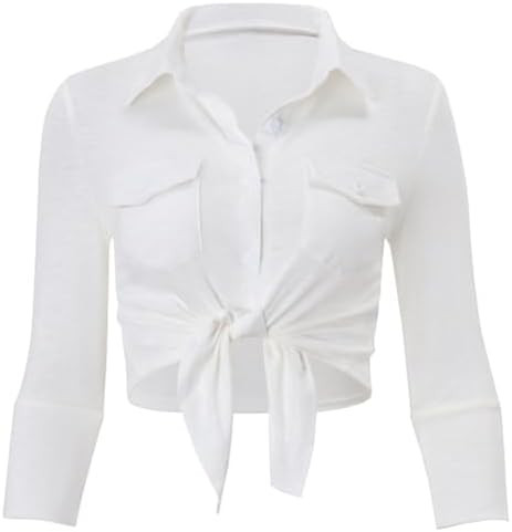 renvena Womens Lapel V Neck Crop Tops Long Sleeve Tie Front Knot Blouses White Button Down Shirts | Amazon (US)
