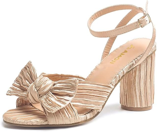 Amoji Women's Satin Block Heeled 3 Inch-4 Inch Sandal Bowknot Pleated Ankle Strap for Wedding Par... | Amazon (US)