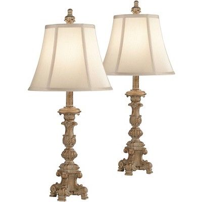 Regency Hill Shabby Chic Table Lamps Set of 2 White Washed Candlestick Bell Shade for Living Room... | Target