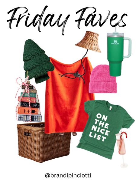 Friday faves!
1.) cozy tree pillow
2.) cutest rattan lamp that I just got to cozy up my kitchen 
3.) I own zero Stanley’s but I absolutely love this green color
4.) stack of books ornaments
5.) coziest throw blanket ever and it’s half off!!
6.) pink Beanie 
7.) storage basket. I love the vintage look of these!
8.) cute kiddos tee
9.) another cute ornament addition Sale 

#LTKHoliday #LTKHolidaySale #LTKSeasonal