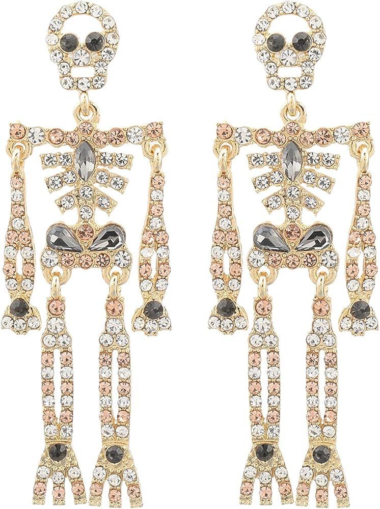 Women Girls Halloween Crystal Skeleton Dangle Earrings, Bling Rhinestone Skull Earrings Gothic Sk... | Amazon (US)