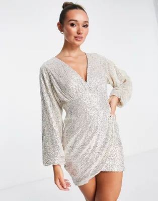Pretty Lavish embellished balloon sleeve mini dress in silver | ASOS (Global)