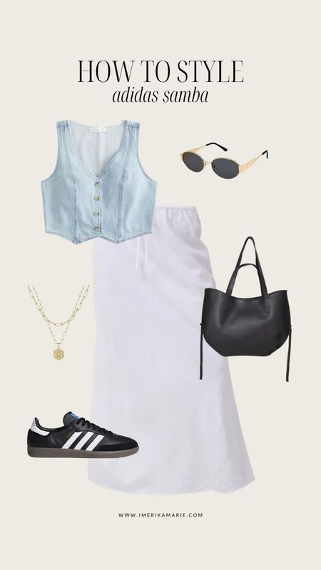 Black adidas samba outfit. Spring outfit. White maxi skirt. Denim vest. Summer outfit

#LTKstyletip #LTKshoecrush #LTKfindsunder100