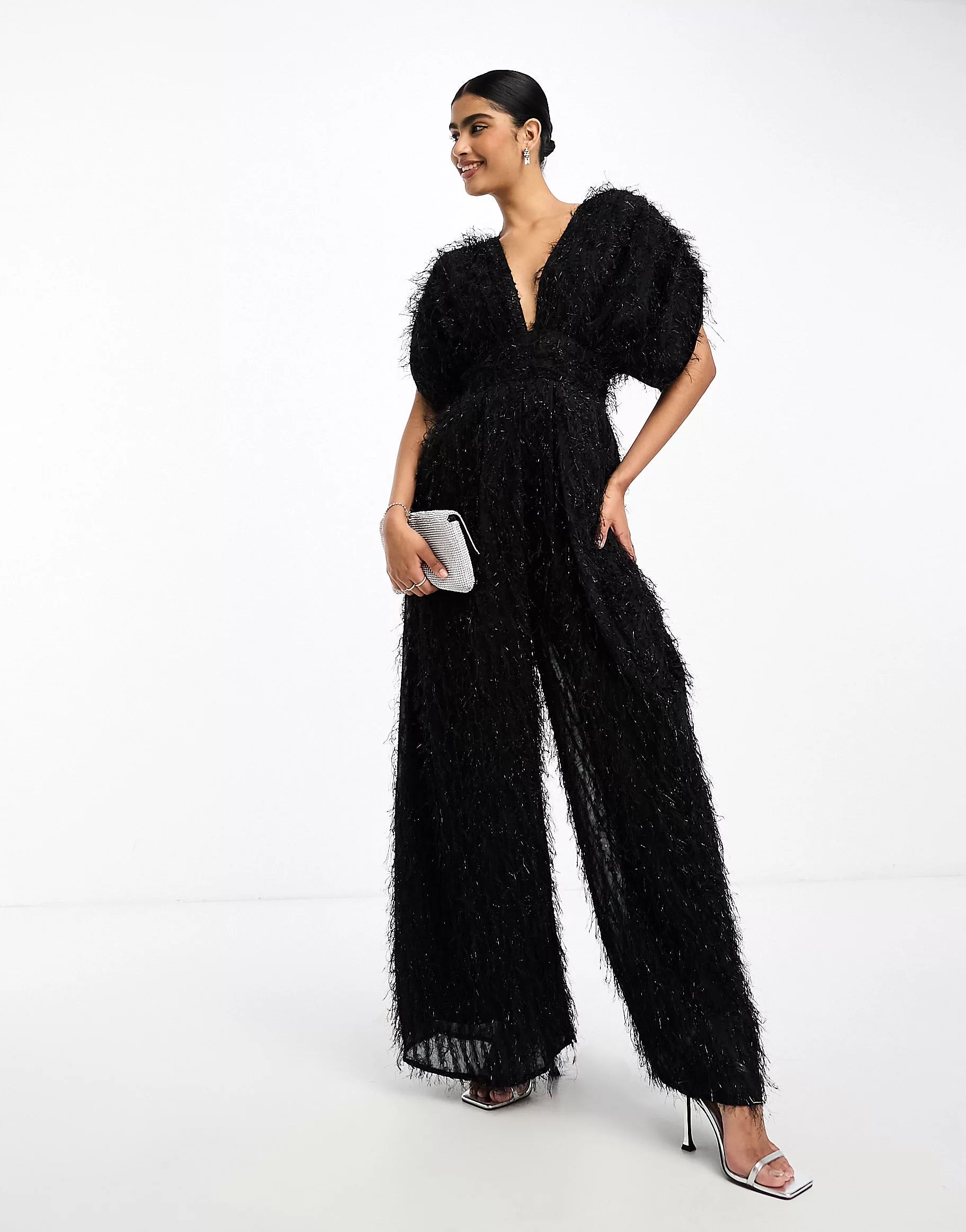 ASOS DESIGN fluffy plunge jumpsuit in black | ASOS (Global)