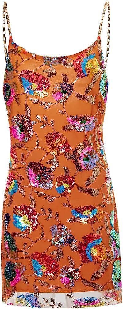 Sparkly Women's Sequin Dress Sexy Backless Low-Cut Floral Spaghetti Strap Mini Dress Birthday Party  | Amazon (US)