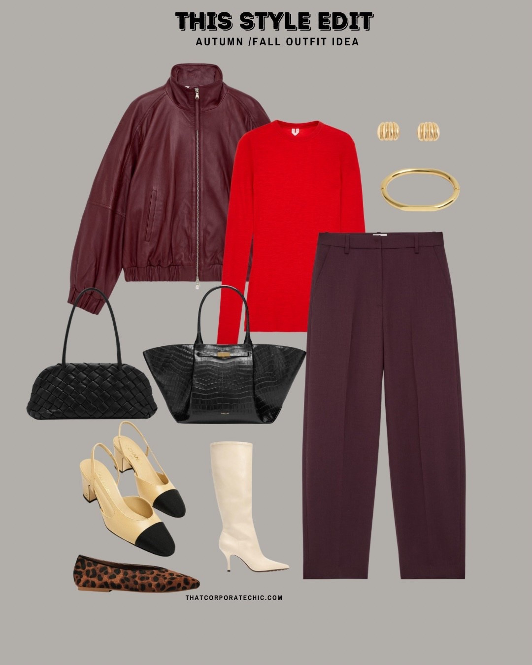 Autumn style - Autumn jacket - leather jacket - Red knit top - Burgundy trousers - Workwear look - casual style 

#LTKautumn #LTKstyletip #LTKworkwear