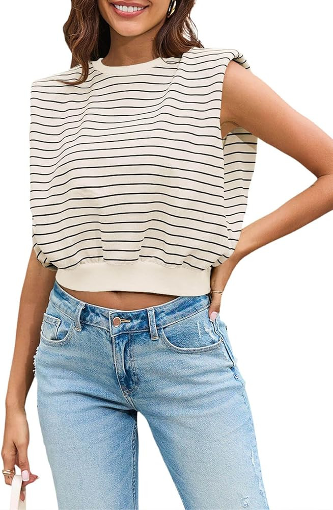 Tankaneo Women's Stripped Tank Tops Crewneck Casual Summer Sleeveless Vest with Shoulder Pads | Amazon (US)