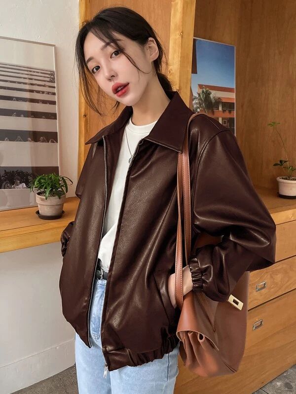 Dazy-Less Slant Pockets PU Leather Jacket | SHEIN