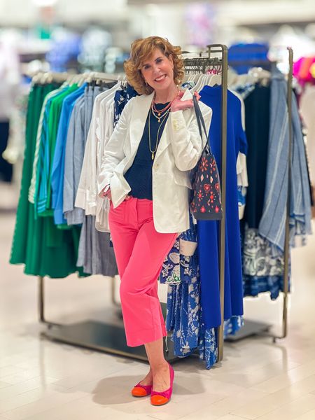 Love this white linens blazer paired with pink wide leg ankle pants and a blue crochet lace tee with scalloped edges. It goes so cute with my tote and colorful jewelry! 

Take 40% off one item & 25% off the rest of your purchase right now!!

#LTKsalealert #LTKworkwear #LTKover40