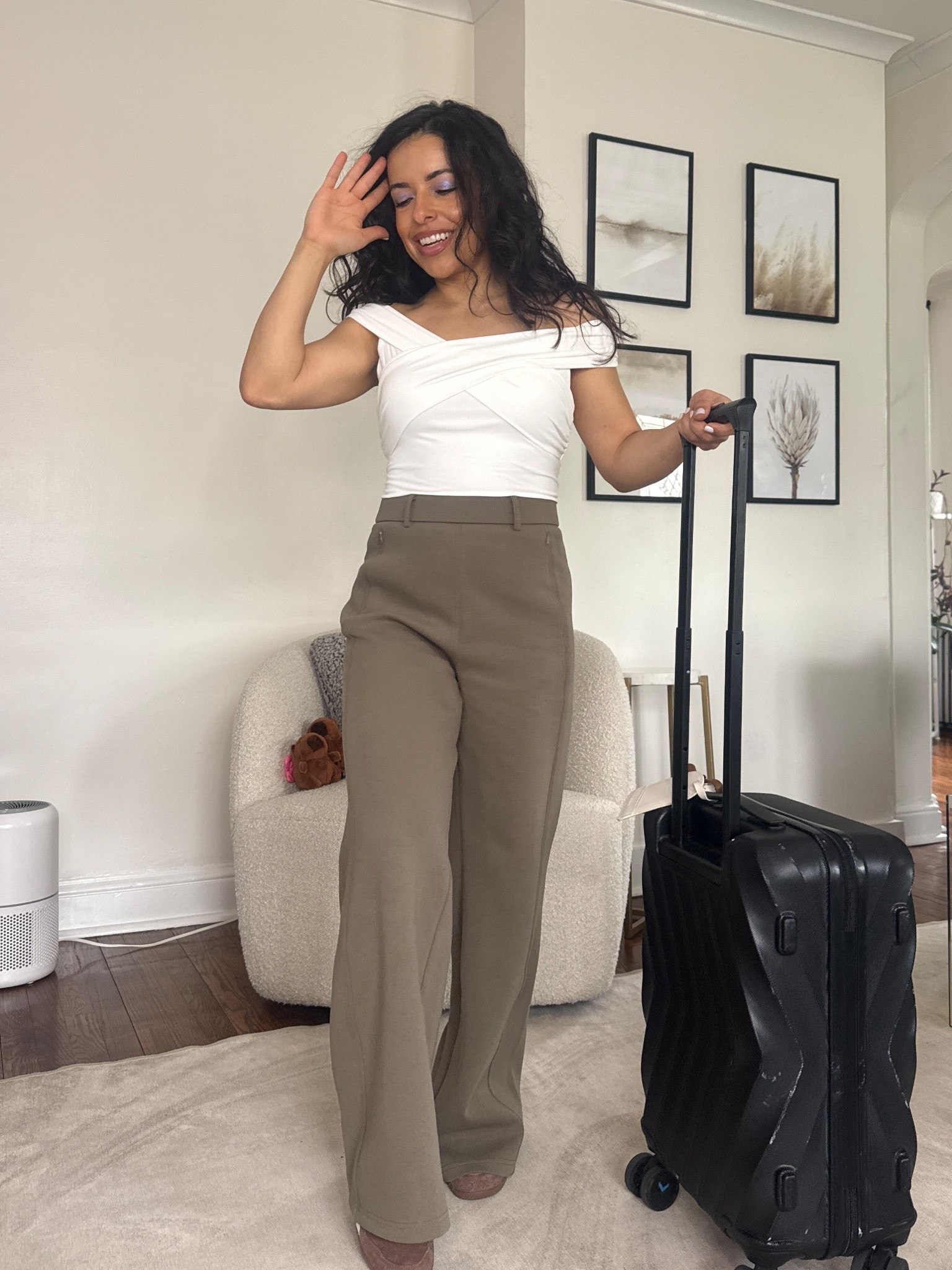 Easy petite friendly travel outfit!
Wearing the stretch cotton blend high rise pants in olive and the cold shoulder brami top in white! 

This outfit is so soft and comfortable which makes it perfect for travel! 

#LTKPetite #LTKTravel