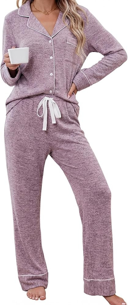 Leikar Button Up Pajama Set For Women Long Sleeve Shirt And Pajama Pants Soft Pjs Lounge Sets | Amazon (US)