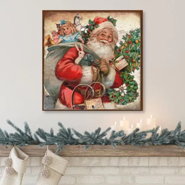 Vintage Santa Wrapped Canvas Wall Art | Antique Farm House