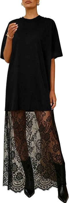 miduo Womens Summer Short Sleeve Crewneck Lace Patchwork Maxi Dresses | Amazon (US)