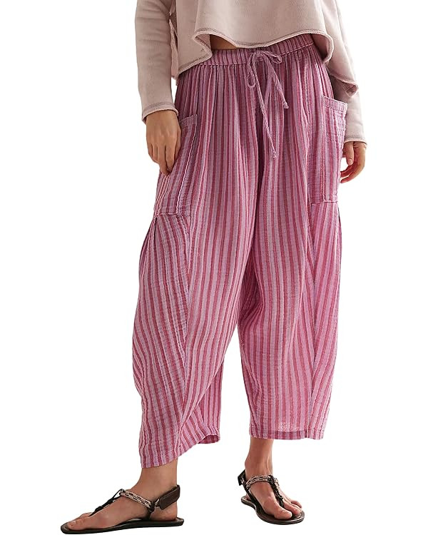 Women Summer Striped Harem Pants Casual Baggy Wide Leg Tapered Trousers Drawstring Waist Palazzo ... | Amazon (US)