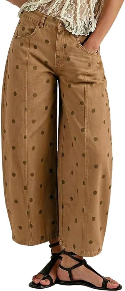 chouyatou Women Polka Dot Wide Leg Barrel Jeans Mid Rise Denim Ankle Pants | Amazon (US)