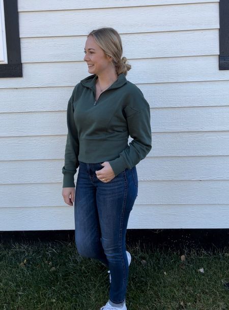 Get this Women's Cropped Quarter Zip Sweatshirt for under $20 when you clip the coupon on the app. I’m wearing a small in the green color. Perfect for Fall. I love this cut. #croppedstyle #sweaterweather #croppedsweater #style30andover #momstyle

#LTKxMadewell #LTKfindsunder50 #LTKsalealert