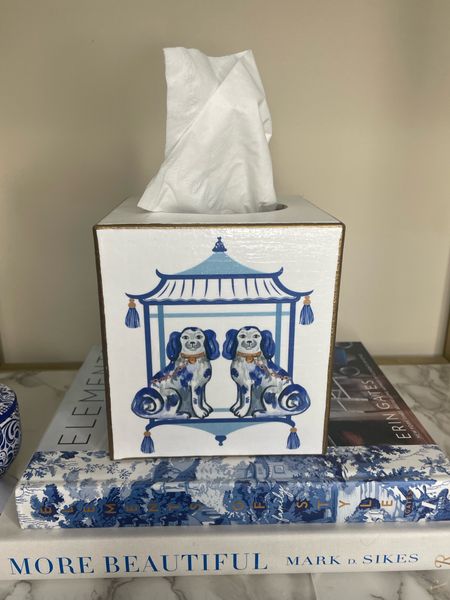 Blue and white tissue cover with stafordshire dogs. Perfect chinoiserie find for a grandmillennial home

#LTKfindsunder50 #LTKhome