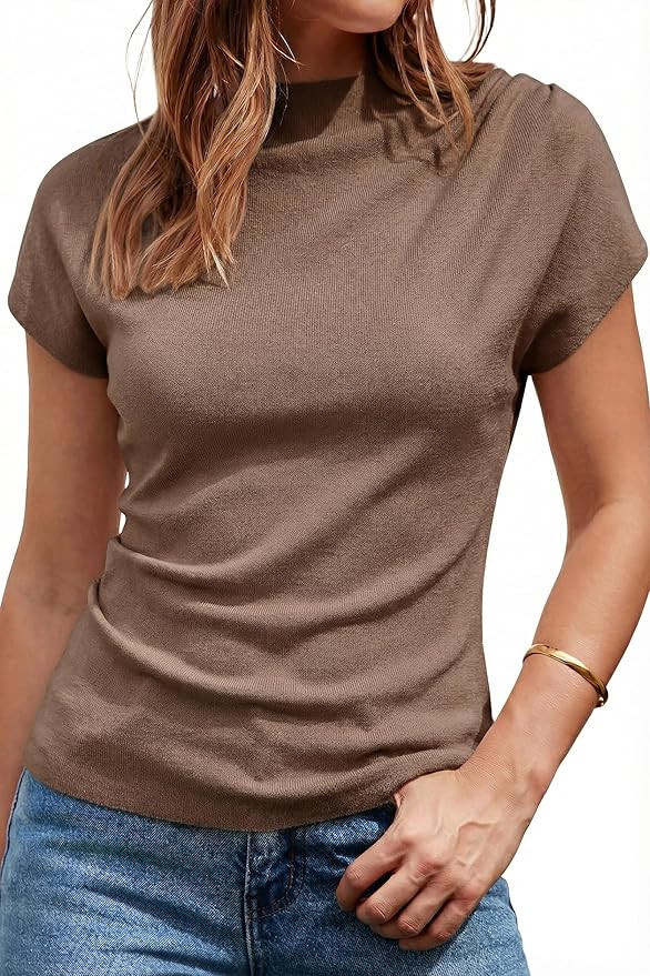 Arach&Cloz Womens Ruched Summer Tops Mock Neck Cap Sleeve Blouses T Shirts Short Sleeve Slim Fit ... | Amazon (US)