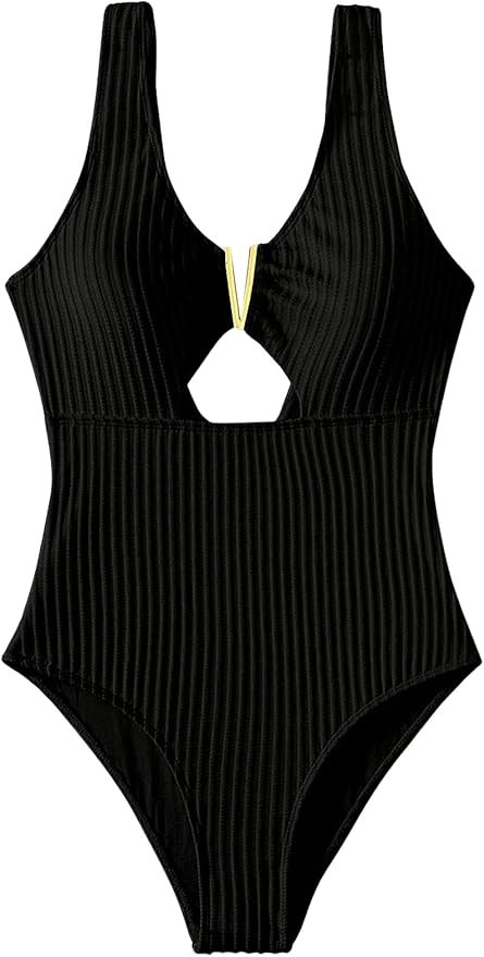 MakeMeChic Women's One Piece Swimsuits V Neck Cut Out High Cut Bathing Suit Swimwear | Amazon (US)