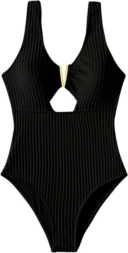 MakeMeChic Women's One Piece Swimsuits V Neck Cut Out High Cut Bathing Suit Swimwear | Amazon (US)