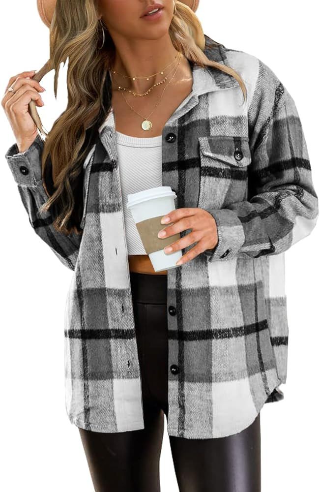 Womens Casual Plaid Shacket Button Down Long Sleeve Shirt | Amazon (US)