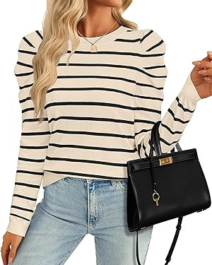 ZESICA Women's Striped Puff Long Sleeve Tops Fall Crewneck Ribbed Knit Casual Pullover Sweaters | Amazon (US)
