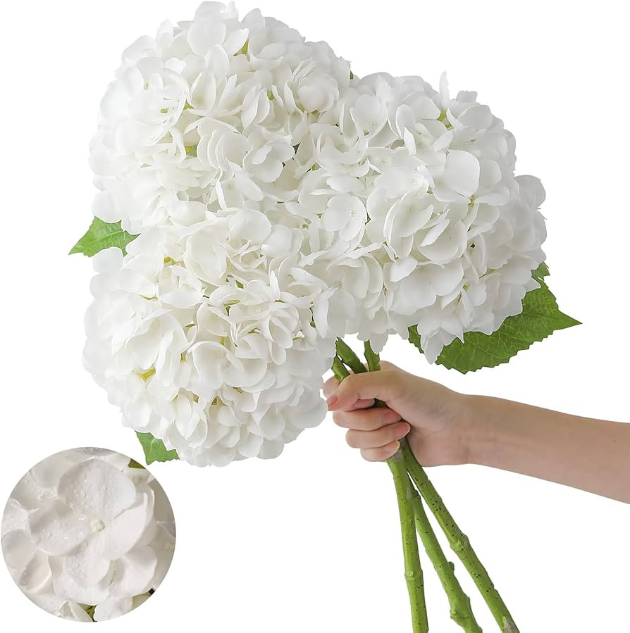 3 Pcs Real Touch Hydrangea Artificial Flowers 22.5" Lifelike Latex White Hydrangeas Fake Hydrange... | Amazon (US)