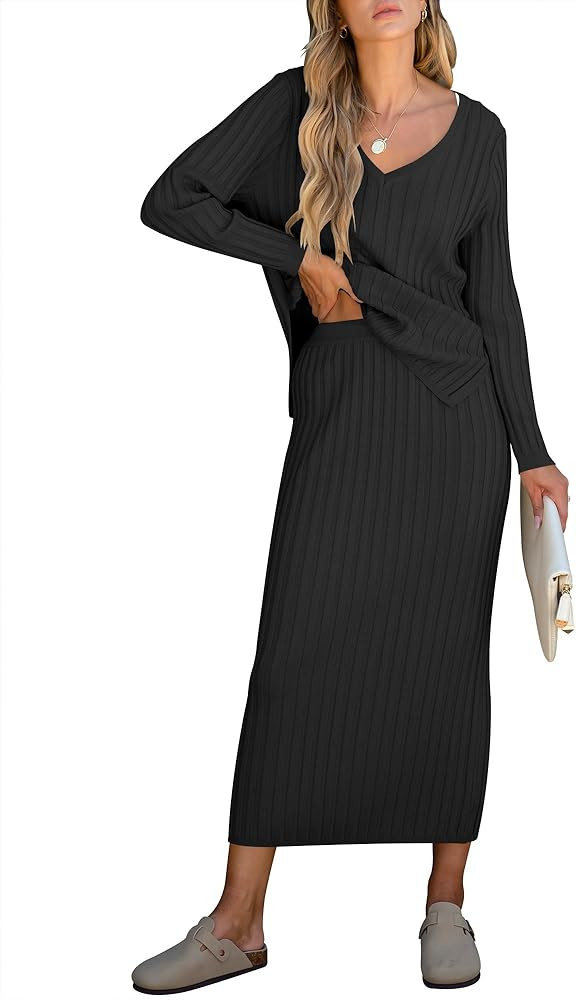 ANRABESS Women's 2 Piece Outfits Sweater Skirt Sets Casual Long Sleeve V Neck Ribbed Knit Tops Mi... | Amazon (US)