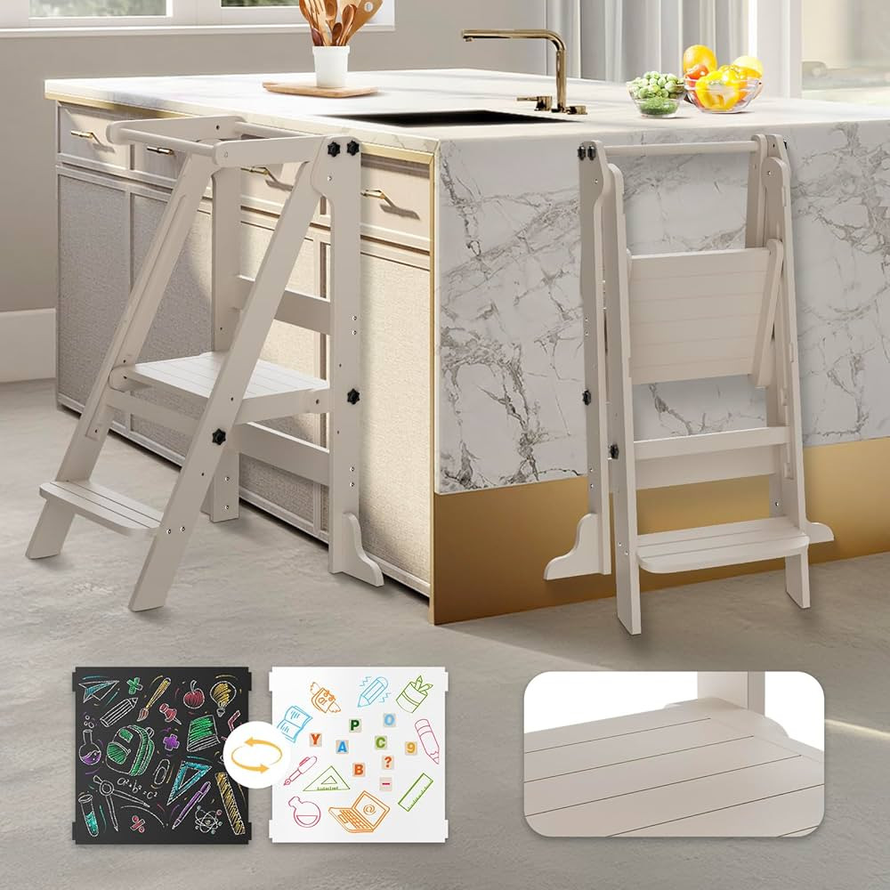 Toddler Tower Foldable Kitchen Step Stool Helper With Safety Railing & 3 Adjustable Heights, Stan... | Amazon (US)