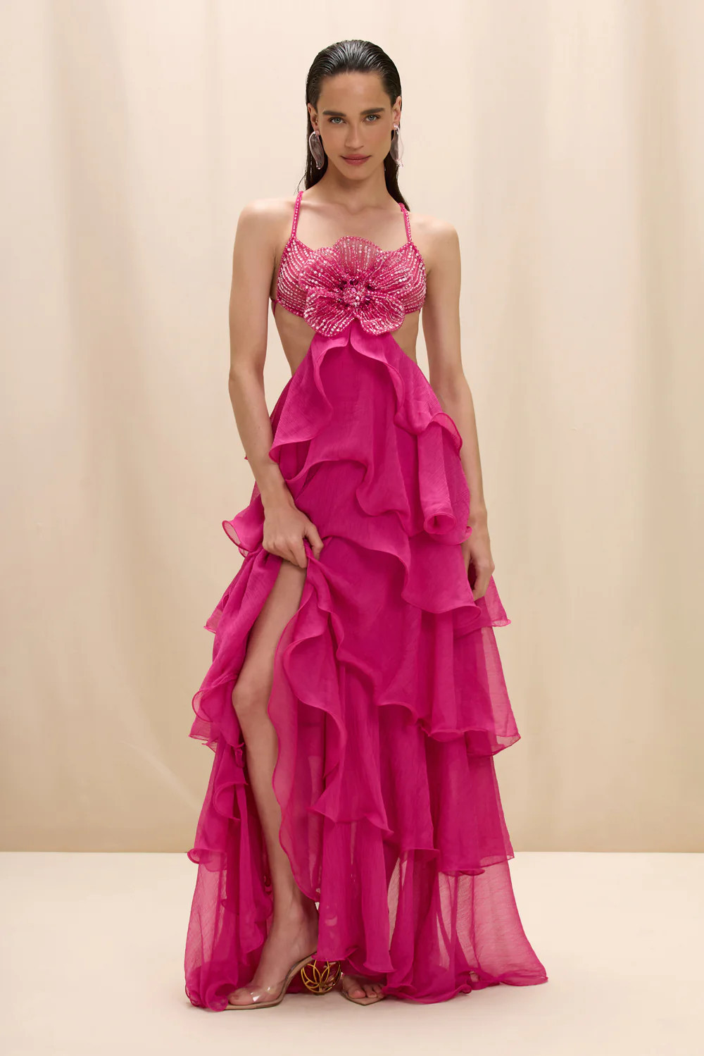 CHIFFON CARMEN LOTUS MAXI DRESS | PatBO