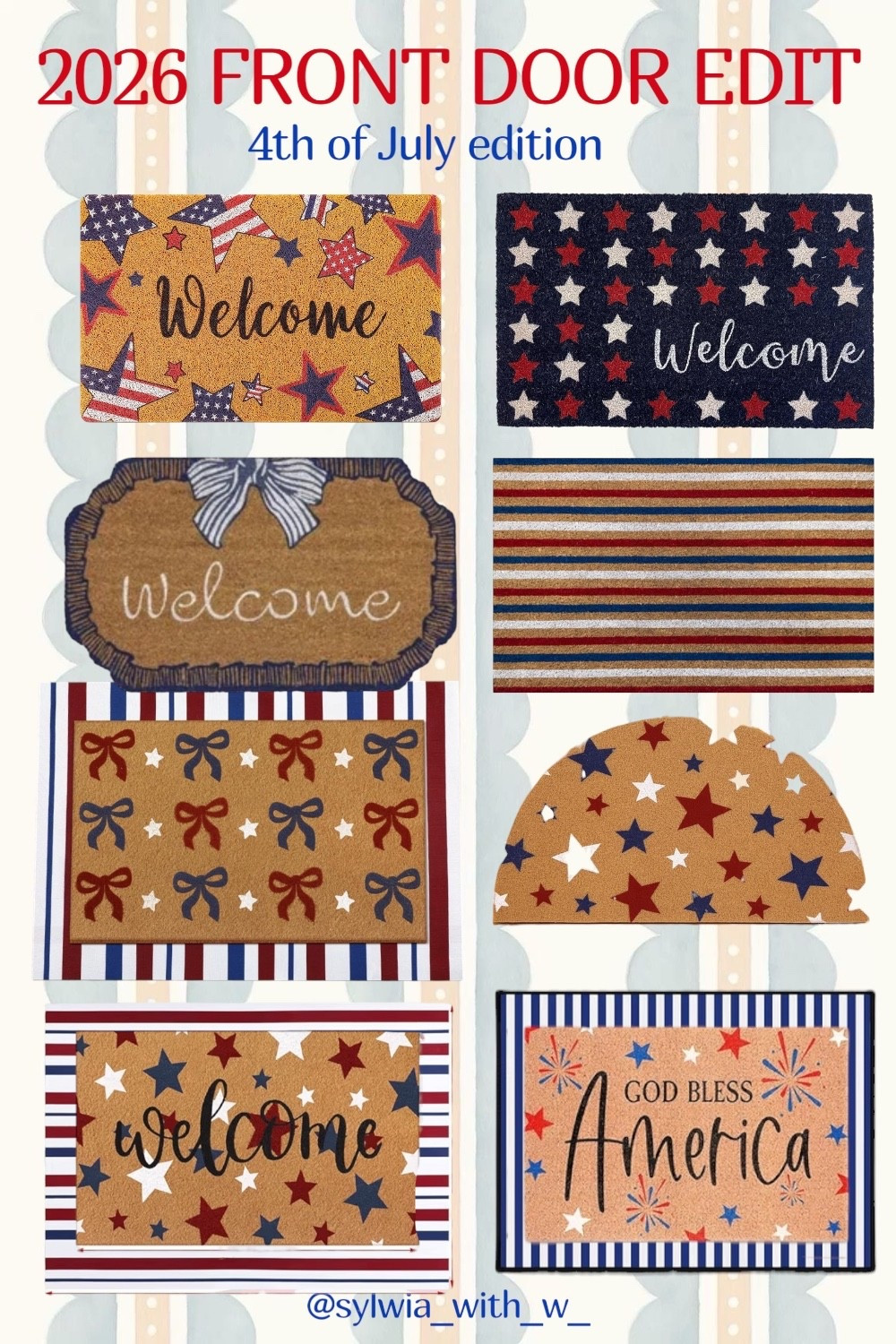 If your doormat doesn't say "I’m patriotic but also aesthetic," are you even trying? I’ve rounded up the best 4th of July mats to help you welcome guests (and delivery drivers) with all the red, white, and blue vibes. From preppy bows and stars to classic stripes, there’s something here for every porch personality.

4th of July doormats
Patriotic porch decor
Americana entryway ideas
Red white and blue home decor
Summer doormat refresh
Grandmillennial 4th of July decor
Coastal patriotic porch
Independence Day outdoor rugs
Stars and stripes doormat
Preppy patriotic home

#4thofjuly #patrioticdecor #frontdoor #doormat #summerdecor #curbappeal #holidayhome #redwhiteandblue #july4th #homestyling #ltkhome #ltkseasonal #grandmillennial