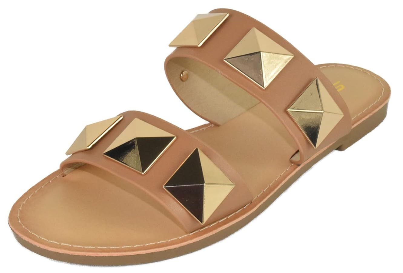 Soda Shoes Women's Sandals Double Strap Flip Flops Slides Large Gold Studded CETUS-S | Amazon (US)