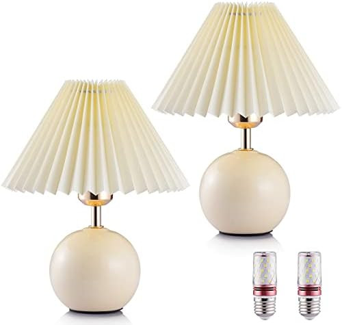 Set of 2 Off-White Ceramic Table Lamps with Pleated Fabric Lampshade, Mini Bedside Lamp with 3 Adjus | Amazon (US)