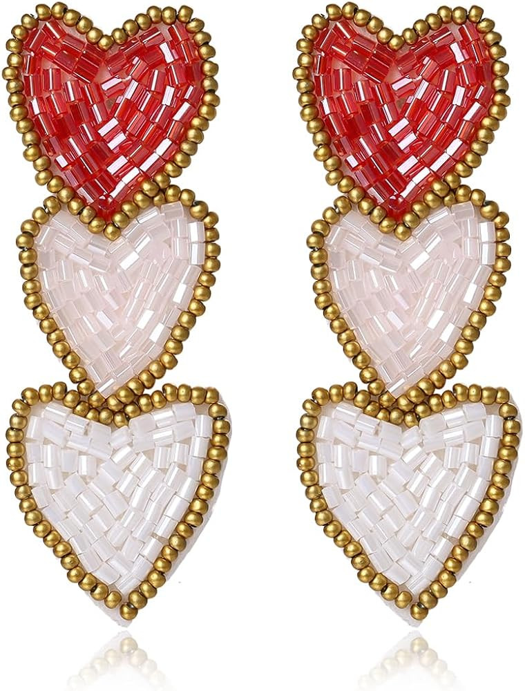 Valentine's Day Earrings for Women - Cute Red Pink White Beaded Heart Dangle Jewelry, Valentines ... | Amazon (US)
