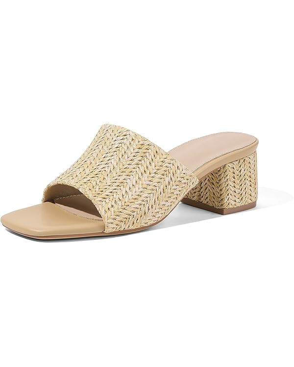 MeiLuSi Raffia Heeled Sandals for Women Chunky Block Heeled Mules Square Open Toe Summer Heels Va... | Amazon (US)