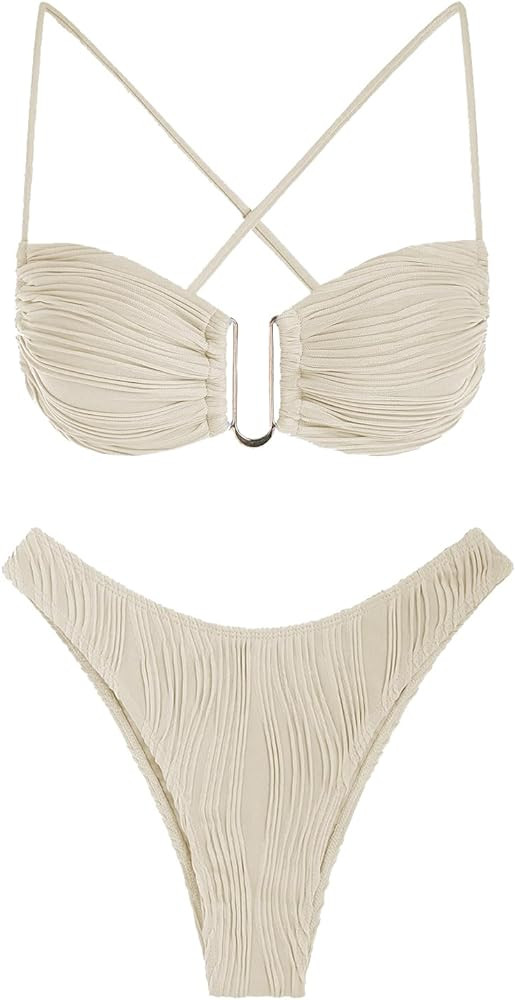 ZAFUL Women's Textured Underwire Bikini Set V Notch High Cut Swimwear Tie Side Ribbed Sexy Swimsu... | Amazon (US)