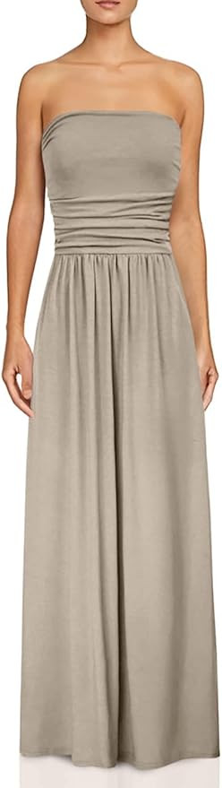 GRACE KARIN Women Strapless Casual Loose Ruched Long Maxi Dress with Pockets | Amazon (US)