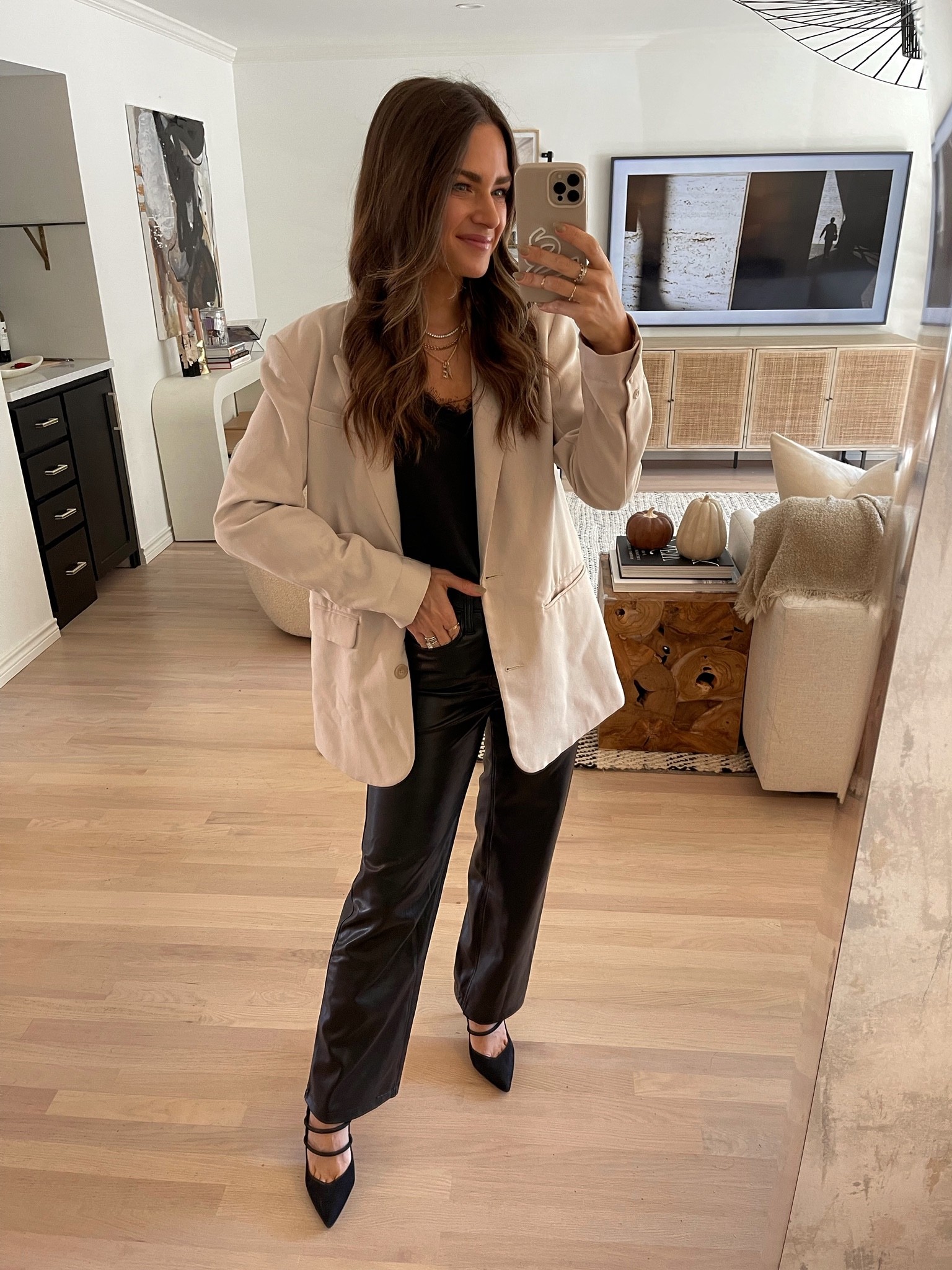 Styling the vegan leather straight pants a few ways! I got my true size in the regular length. I’m wearing a XS cami, S blazer, & heels fit TTS // fall outfit, fall outfits, fall style, fall trends, fall fashion, fall outfit inspo, leather pants outfit