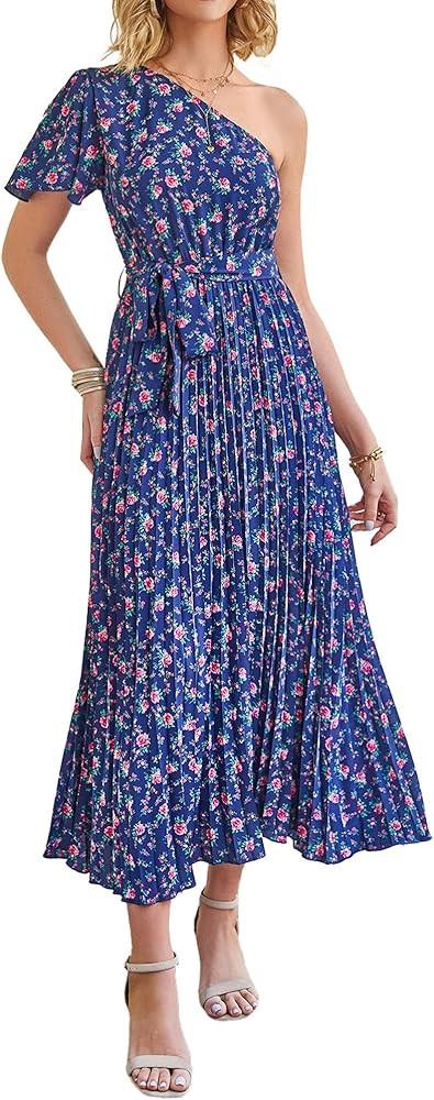BTFBM Women 2023 Boho Summer One Shoulder Dresses Short Sleeve Floral Solid High Waist Elegant Be... | Amazon (US)