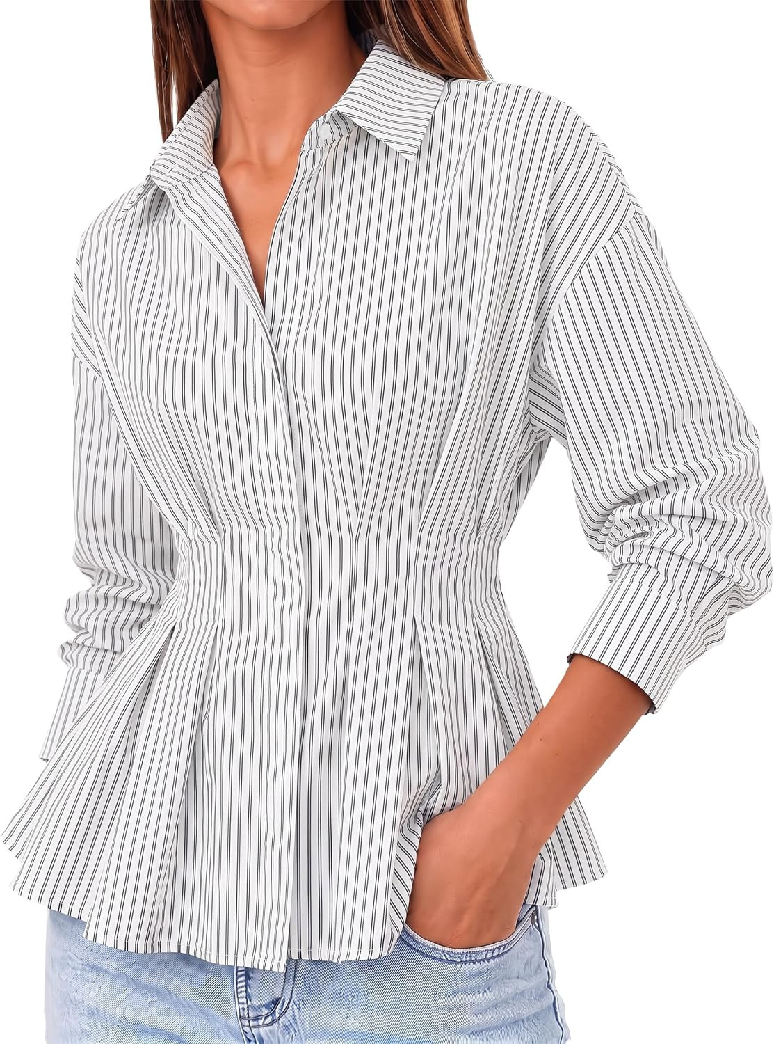 Cicy Bell Women Striped Peplum Button Shirts Business Casual Pleated Blouse | Amazon (US)