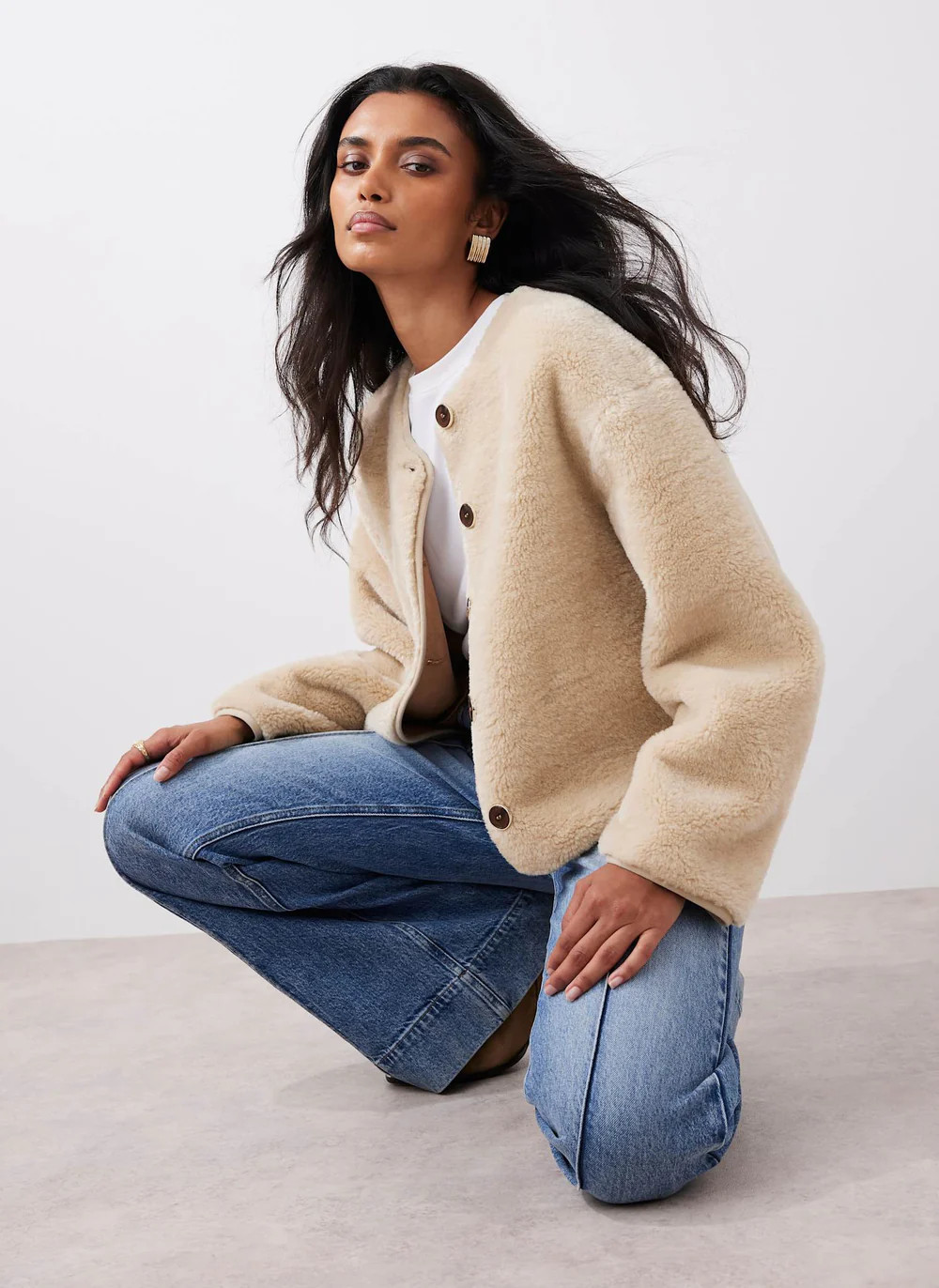 Neutral Borg Collarless Jacket | Mint Velvet