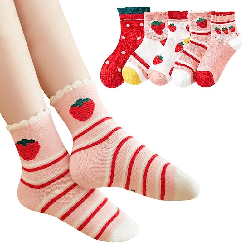 5 Pairs Little Kids Girls Pink Strawberry Pattern Crew Socks, Cute Cartoon Fruits Pattern Ruffle ... | Amazon (US)