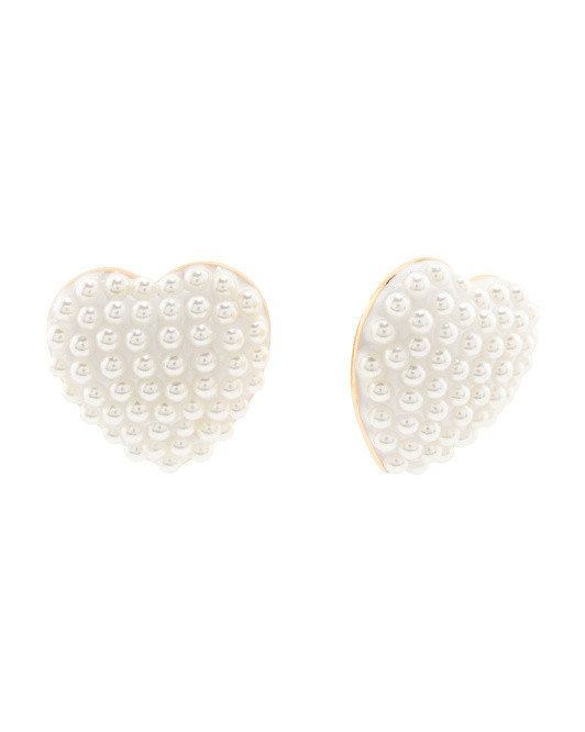 Jeweled Heart Button Ivory Faux Pearl Earrings | TJ Maxx