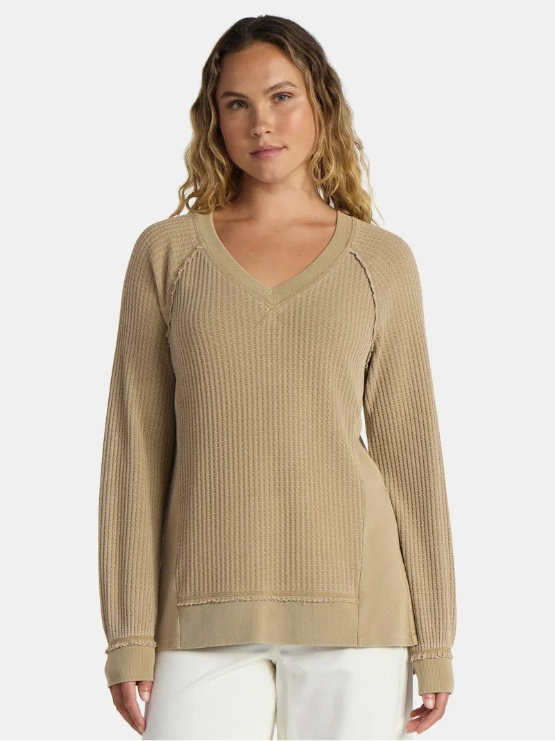 Time and Tru Women's V Neck Tunic Sweatshirt with Long Sleeves, Sizes XS-XXXL | Walmart (US)