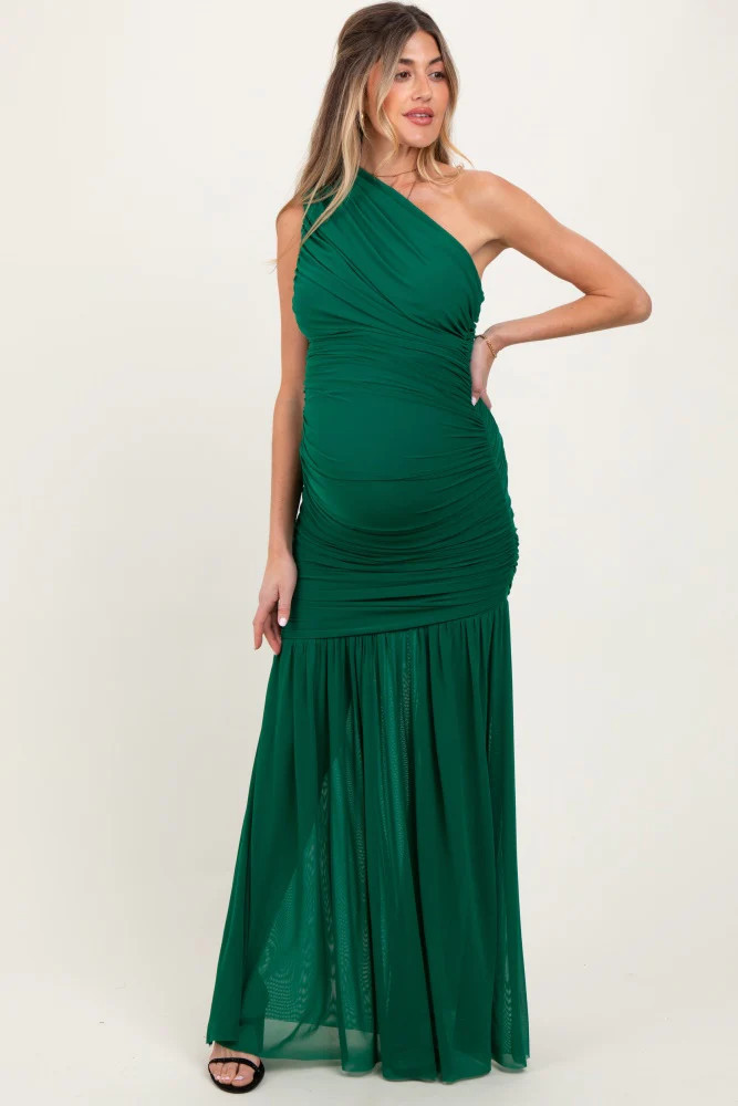 Forest Green Ruched Mesh One Shoulder Maternity Maxi Dress | PinkBlush Maternity