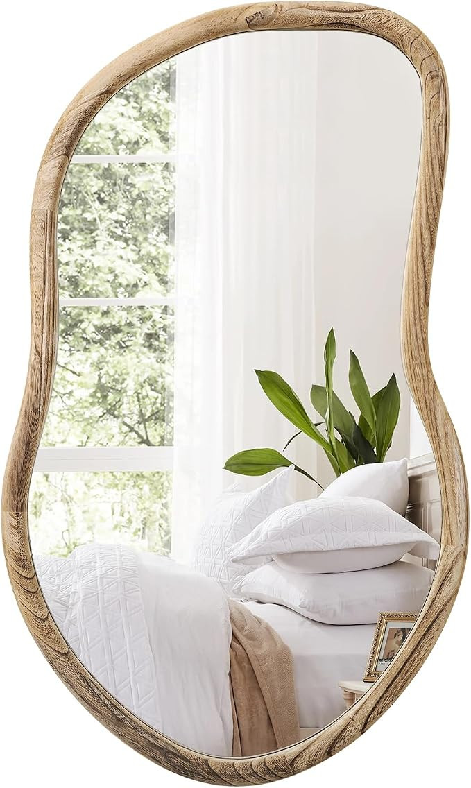 Irregular Wall Mirror Wood Asymmetrical Mirror Large Bathroom Vanity Mirrors Natural Wood Framed ... | Amazon (US)